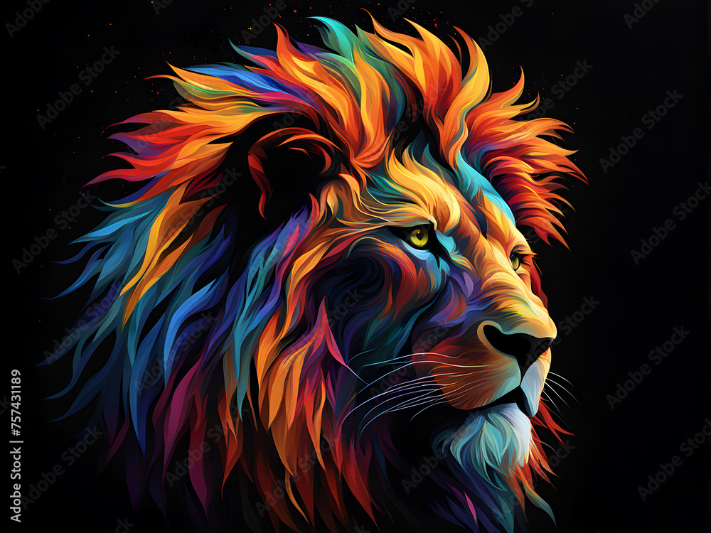 The head of a lion in a multi-colored flame on a black background. Generative Ai