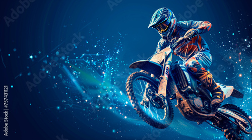 Abstract 3D of a jumping motocross rider on blue. Motocross freestyle. Dots  lines  and stars
