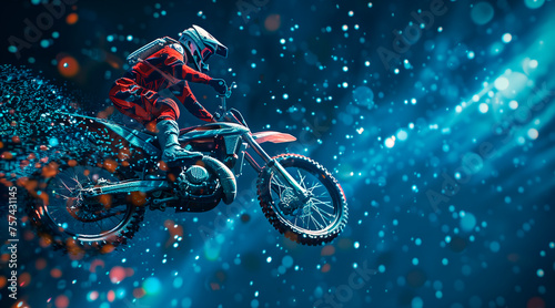 Abstract 3D of a jumping motocross rider on blue. Motocross freestyle. Dots  lines  and stars