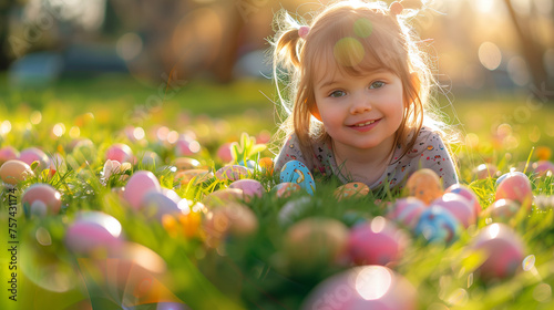  Cute kid gathering easter eggs outdoors,ai
