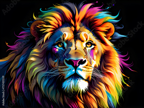 The head of a lion in a multi-colored flame on a black background. Generative Ai