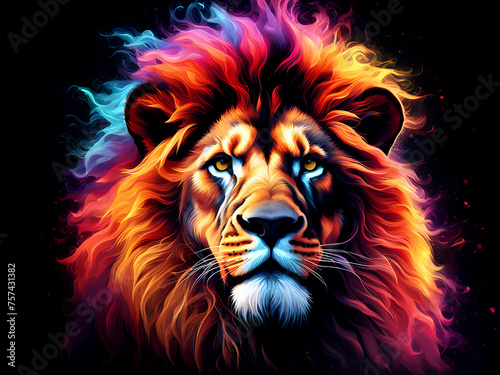 The head of a lion in a multi-colored flame on a black background. Generative Ai