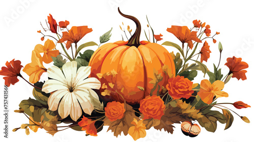 Autumn flowers and pumpkin digitally painted illustration
