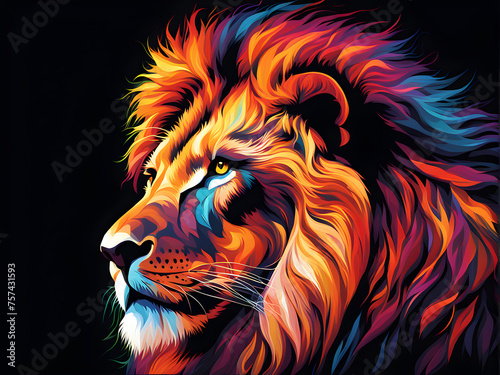 The head of a lion in a multi-colored flame on a black background. Generative Ai