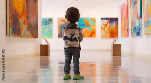 Pequeno garoto olhando para pinturas de arte moderna em uma galeria photo