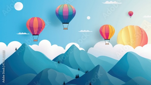 A breathtaking view of vibrant hot-air balloons soaring over picturesque mountains