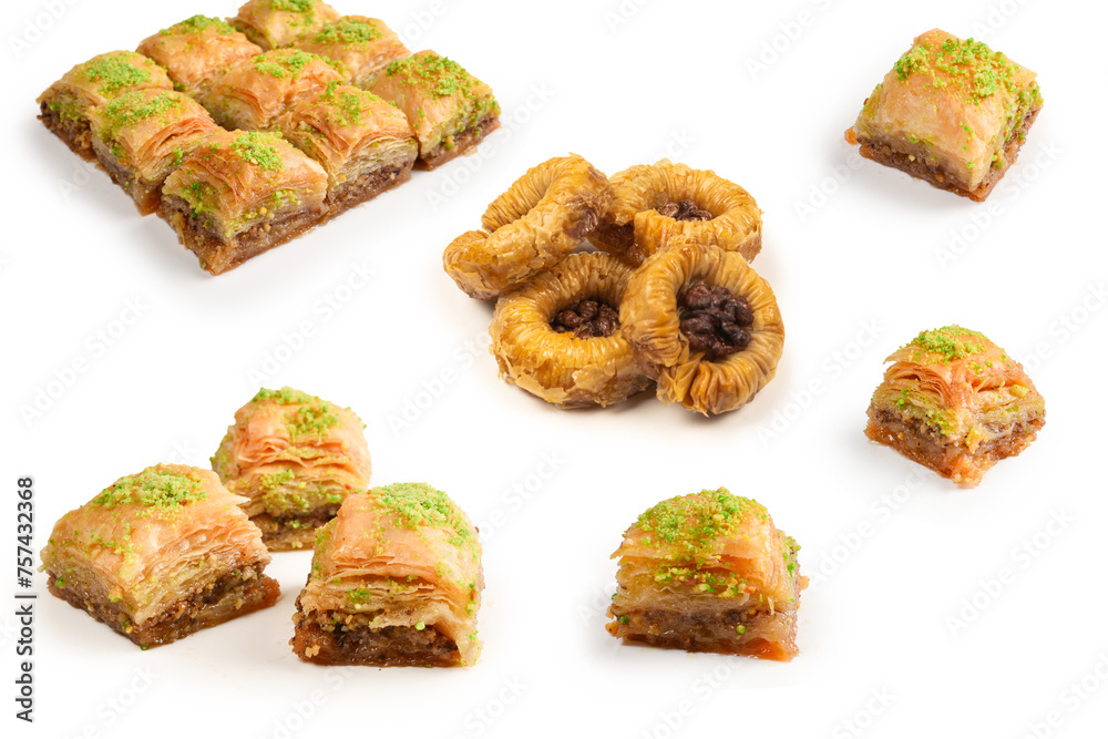 Pistachio baklava on a white background. Dessert. Pistachio baklava on a white background. Dessert.