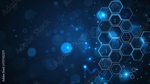 A sleek dark blue background infused with blockchain technology symbols © Chingiz