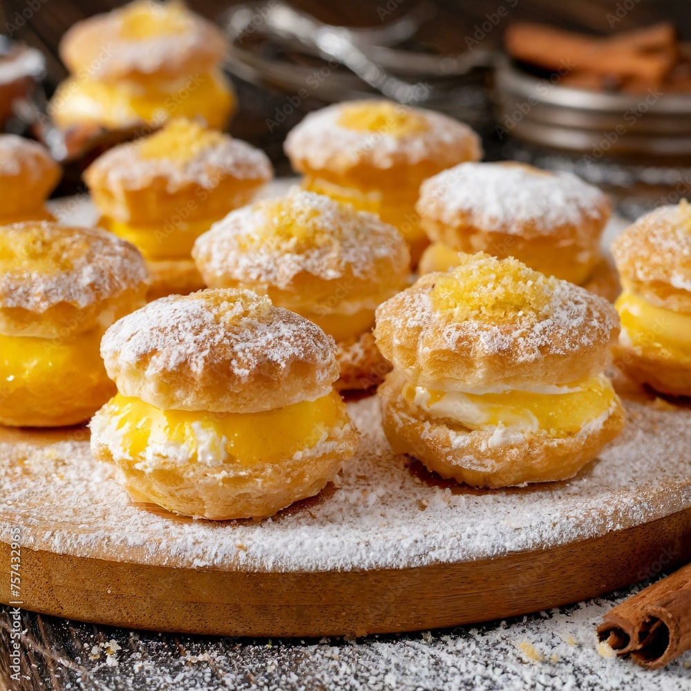 A platter of bite-sized pastries filled with rich custard and dusted with powdered sugar