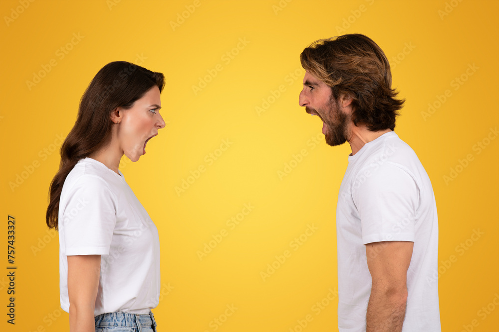 Angry confrontation between a man and woman, both with clenched teeth and furious expressions Angry confrontation between a man and woman, both with clenched teeth and furious expressions
