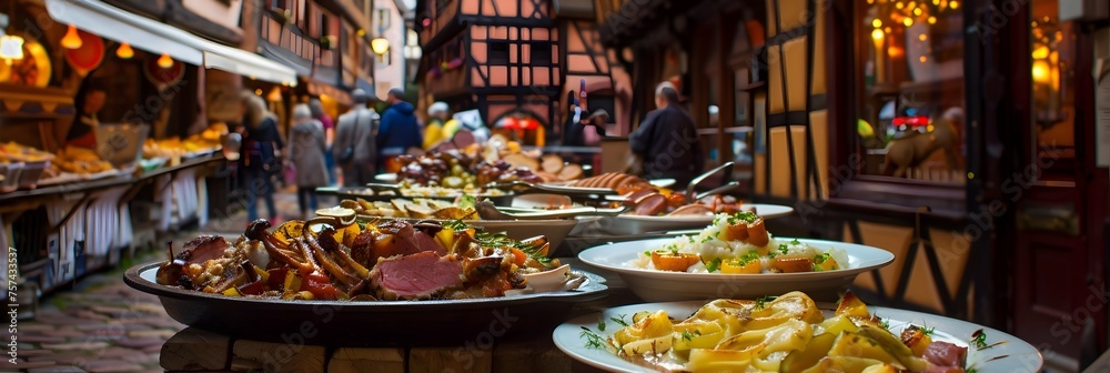 A Vibrant Street Food Market in Strasbourg Showcasing Traditional French Dishes and Festive German Cuisine
