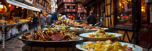 A Vibrant Street Food Market in Strasbourg Showcasing Traditional French Dishes and Festive German Cuisine photo