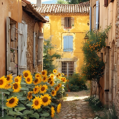 A Sun-Drenched French Village Street Adorned with Sunflowers and Yellow Walls in Southern France