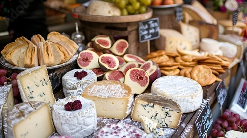 A Vibrant Display of French Cheese and Artisan Breads at an Outdoor London Market Stall