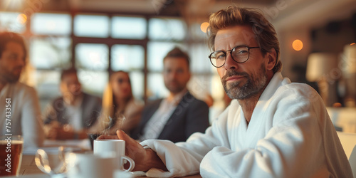 A young businessman with glasses sits in a morning business meeting wearing a white bathrobe and carrying a mug of coffee. AI generated high quality stock photo photo