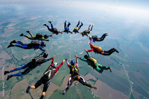 Group of skydivers in freefall, forming a circle by holding hands