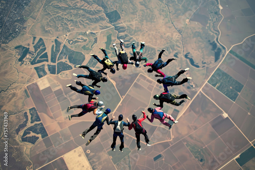 Group of skydivers in freefall, forming a circle by holding hands