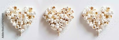 Popcorn hearts arranged on a white background evoking snack love and a creative food concept