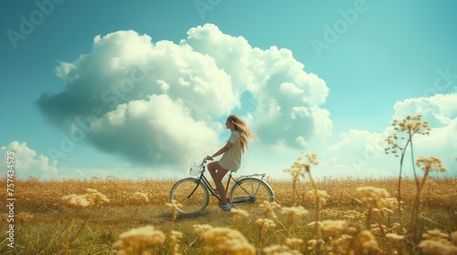 Beautiful girl on a bicycle in nature. AI generation.