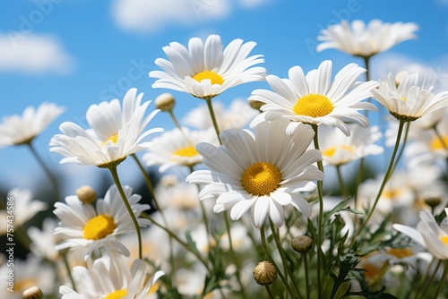 Field of daisies under blue sky, beautiful natural landscape