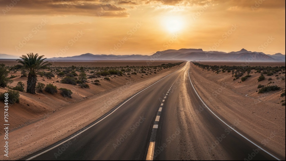 Asphalt road in the desert in Saudi Arabia at sunset, roads and streets of Saudi Arabia, highway, desert nature, nature wallpaper