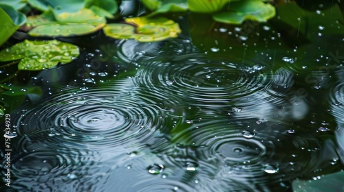 A tranquil scene of raindrops creating ripples on the surface of water