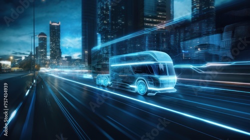 Self-driving trucks use autonomous monitoring and navigation technology to drive to their destination without the need for a human driver. #757434939