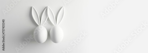 two white eggs with rabbit ears on the side,  isolated on white background, top view, easter concept, minimalism, simple shapes, horizontal banner or card, copy space for text , easter bunny © XC Stock