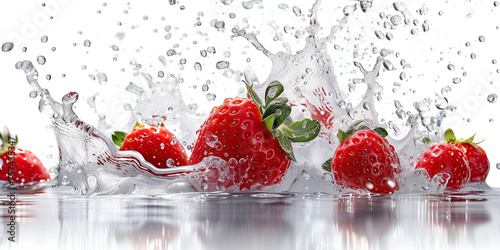 Fresh strawberry splashing into the pure water