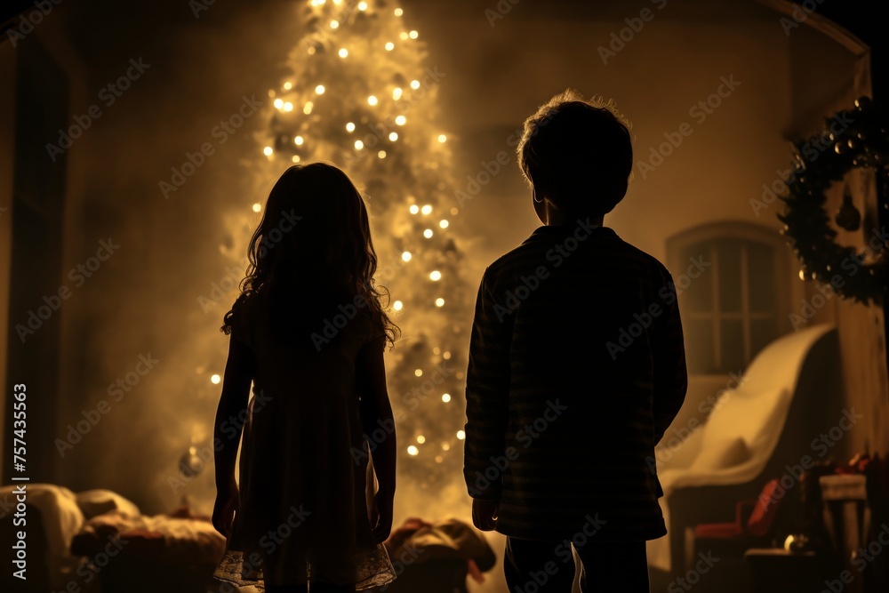 siblings watching Christmas tree with lights at night. Brother and sister at xmas eve	 - obrazy, fototapety, plakaty 