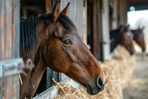 Horse in stable with equine companion, hay and farming elements in a rustic setting