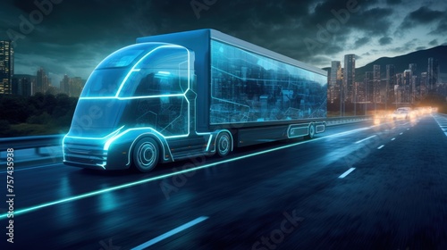 Self-driving trucks use autonomous monitoring and navigation technology to drive to their destination without the need for a human driver. #757435938