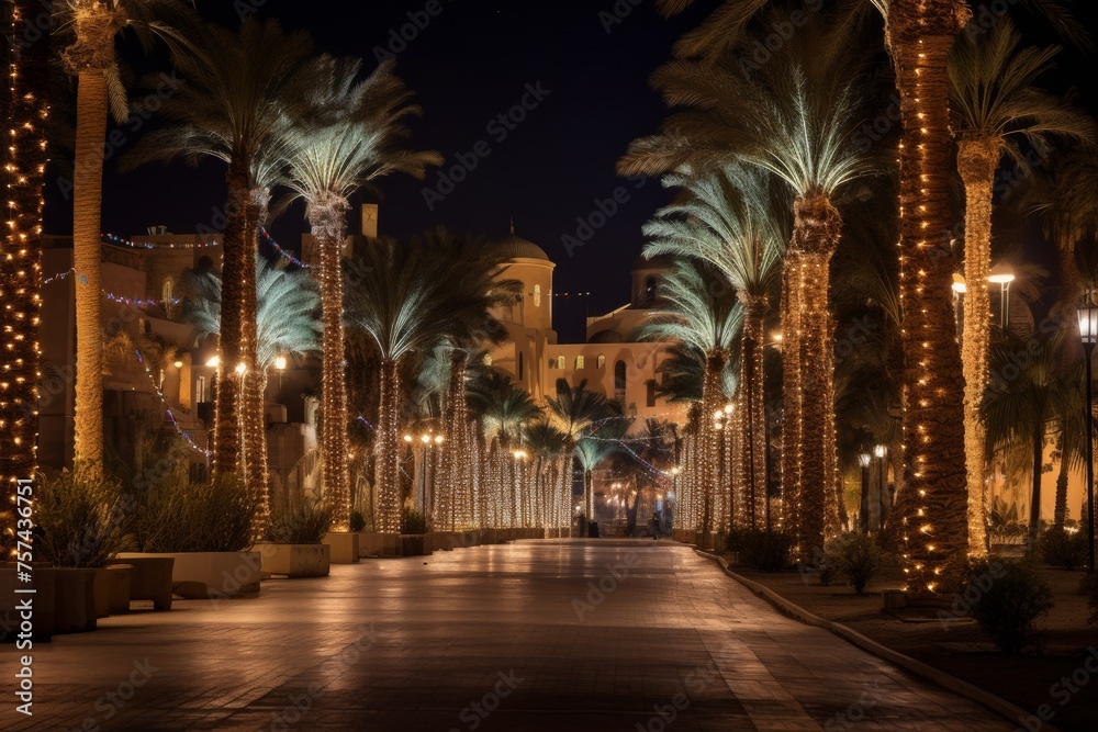 night city street with palm trees lane illuminated with christmas lights. Xmas season in resort. 