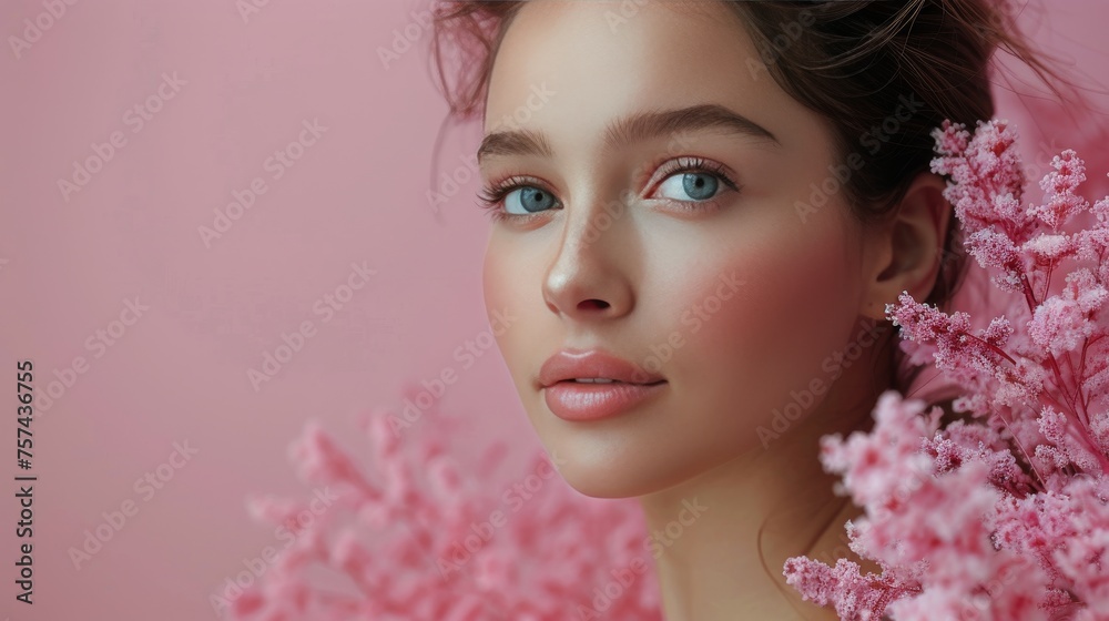 Woman With Blue Eyes and Pink Flowers in Her Hair