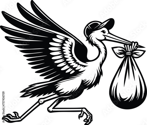 Silhouette of a stork delivering a baby, vector illustration.