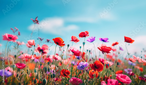 Field with purple and red poppies on sunny day and clear blue sky, natural spring background with copy space. © eshana_blue