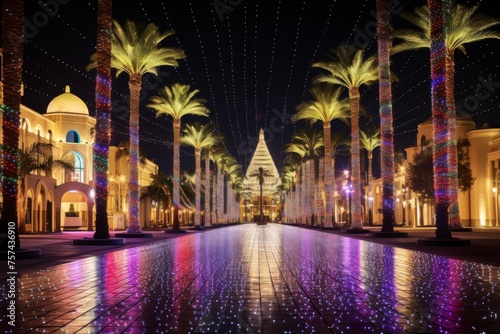night resort street with palm trees lane illuminated with christmas lights after the rain. Xmas season in resort. 