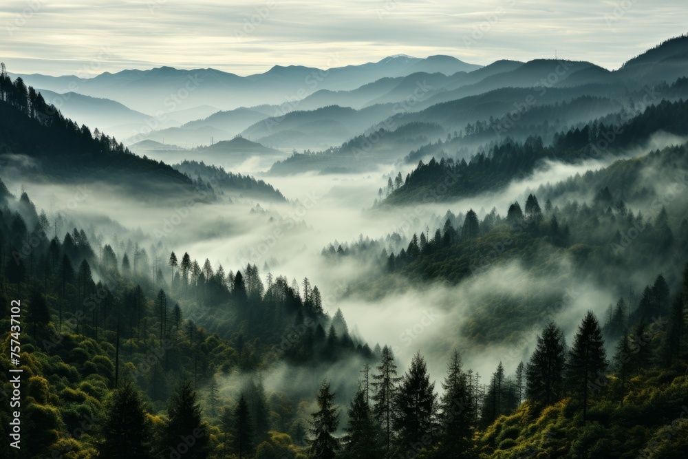 Misty valley among mountainous forest, under cloudy sky