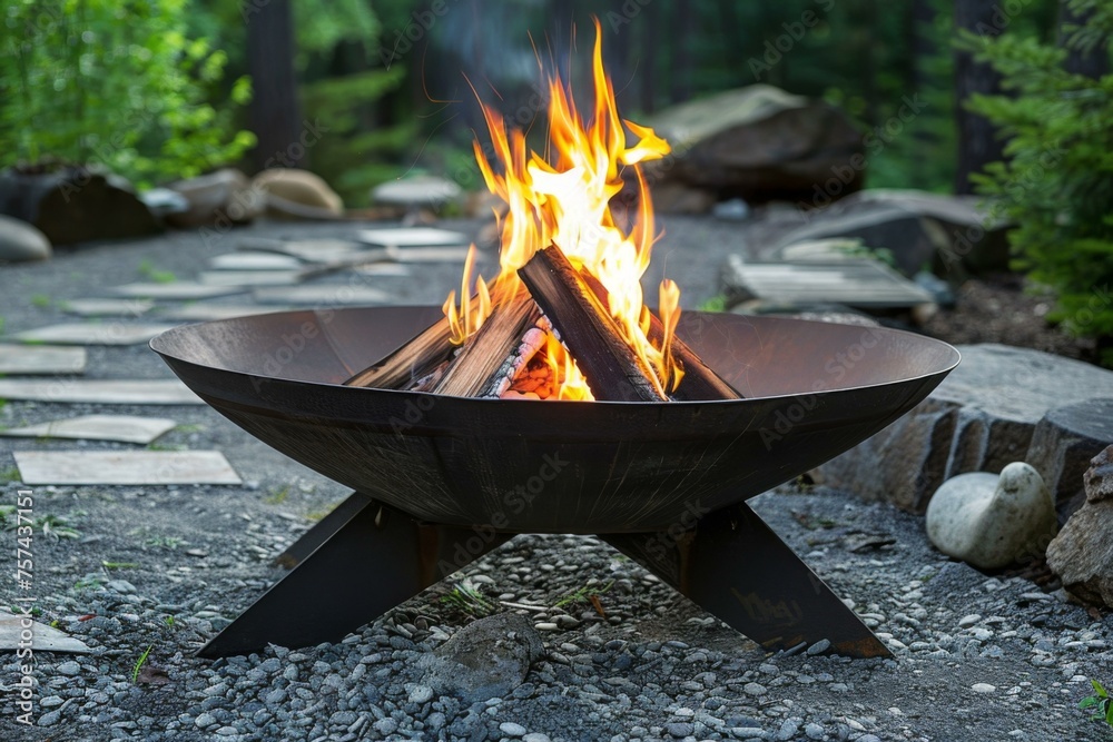 Steel fire pit with flames in a cozy backyard garden setting - obrazy, fototapety, plakaty 