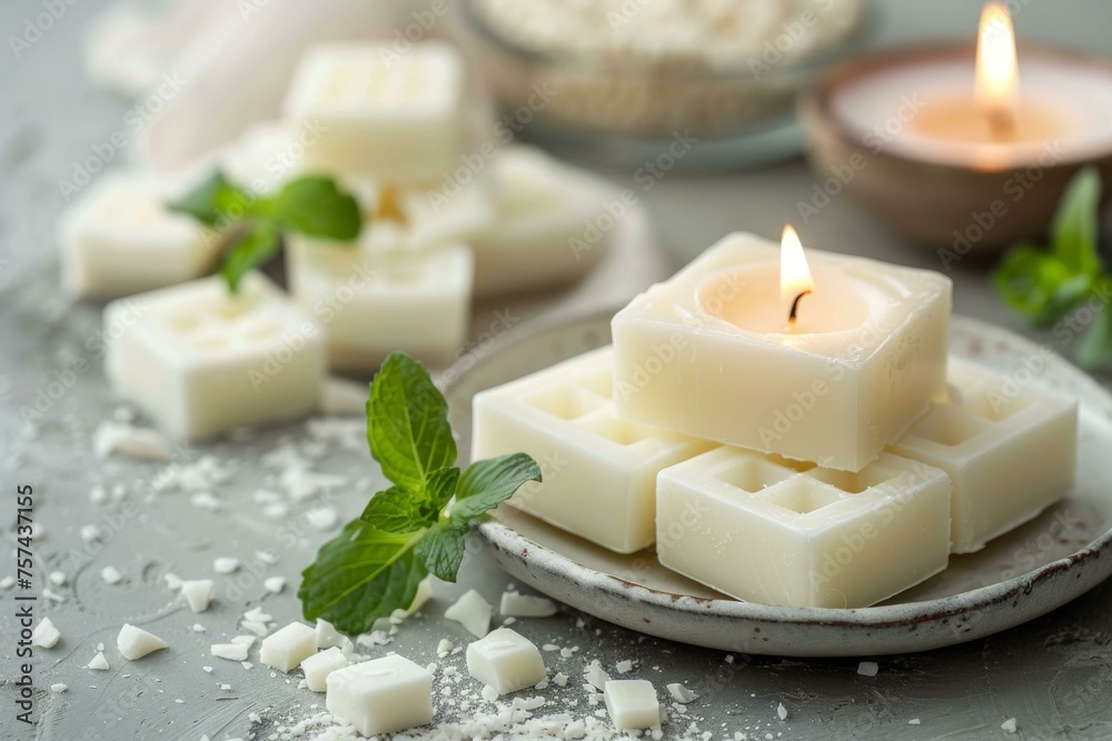 Soy wax melt and candle composition creates an aromatherapy spa scene with relaxation and wellness vibes