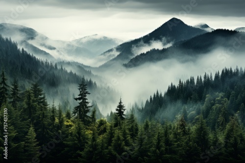 Majestic mountain engulfed in fog with a lush forest below © JackDong