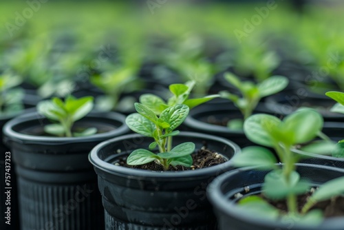 Green seedlings growing in black plastic pots focus on gardening and horticulture nursery