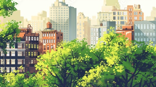A vibrant vector illustration of a cityscape, enhanced with lush trees for a touch of nature