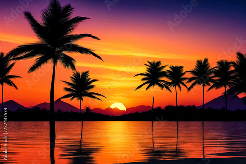 Tropical landscape - silhouette palm trees on sunset at orange sky background. Nature image backdrop, amazing wallpaper. Stylish image for design. Concept of summer vacation travel. Copy text space
