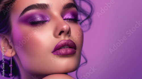Luxury fashion style  nails manicure  cosmetics   make-up and curly hair . Makeup in shades of purple and violet earrings 