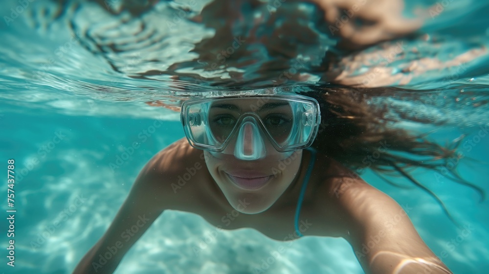 Fototapeta premium Portrait of a young woman in a diving mask swimming underwater.