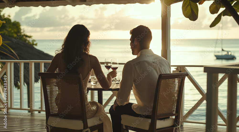 Silhouette of a beautiful couple on a date in a cafe by the ocean, a beautiful sunset on the coast, advertising a hotel for a vacation, an invitation to a cruise to the Caribbean islands