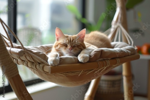 Cat relaxation in a cozy hammock, comfortable pet enjoying a sleeping moment