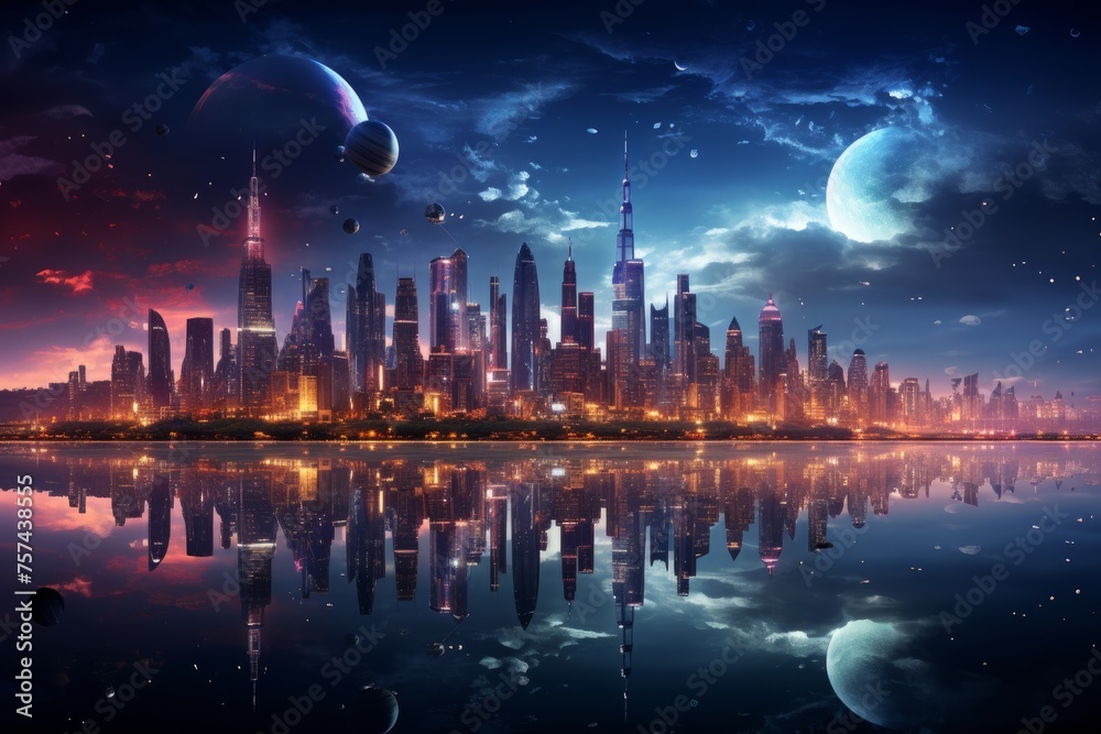 Futuristic city skyline reflected in water at night