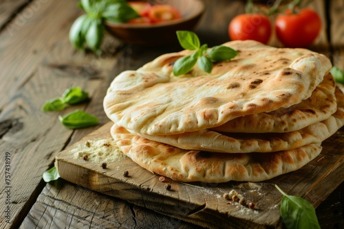 Pita bread stacked with fresh basil and tomatoes on wooden table featuring Mediterranean cuisine